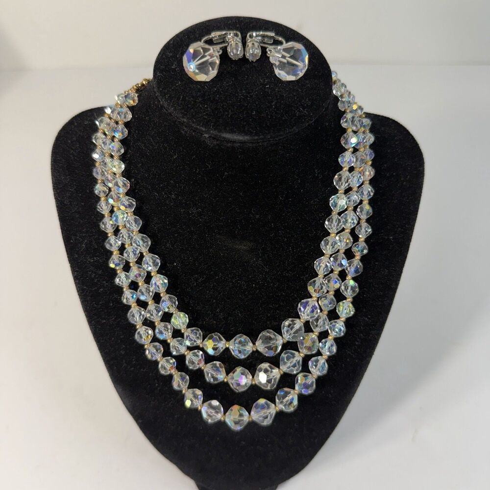 Vtg 3 Strand Aurora Borealis Crystal Bead Gold Tone Necklace w Laguna Earrings